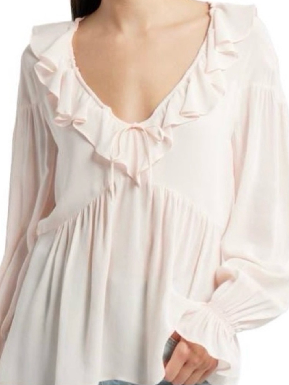 Reformation Pale Pink Ruffled V-Neck Peasant Blouse
